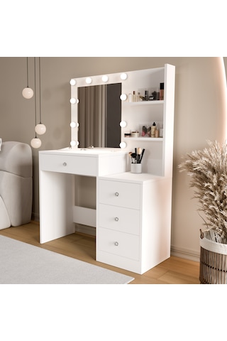 Robin Home Hollywood Makyaj Masası 4 Çekmeceli Düzenleyici Hollywood Led Işıklı Raflı Beyaz