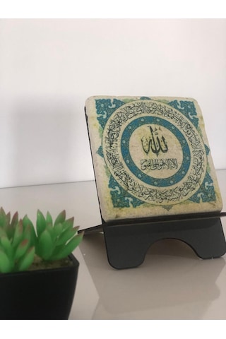 Ayetel Kürsi Tablo - Mermer Desenli Standlı Masa Üstü Dekorasyon - 10x10 Cm
