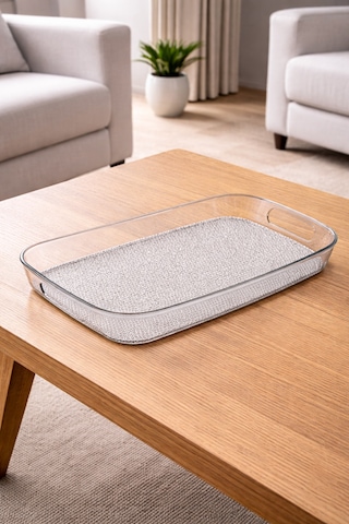 Kırılmaz Şeffaf Tepsi Dikdörtgen Büyük Boy Sunum Tepsisi Modern Servis Tepsisi 44x30cm Şeffaf