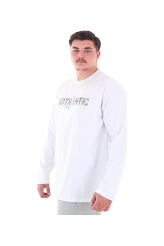 Erkek 115-155 Kilo Arası İçin Uygun Uzun Kol Bisiklet Yaka Mevsimlik Baskılı İnce Sweatshirt Beyaz