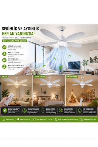 Led Ampullü Tavan Vantilatörü - Uzaktan Kumandalı 3 Renk Tonu Seçimli - Kademe Ve Zaman Ayarlı - E27 Duy