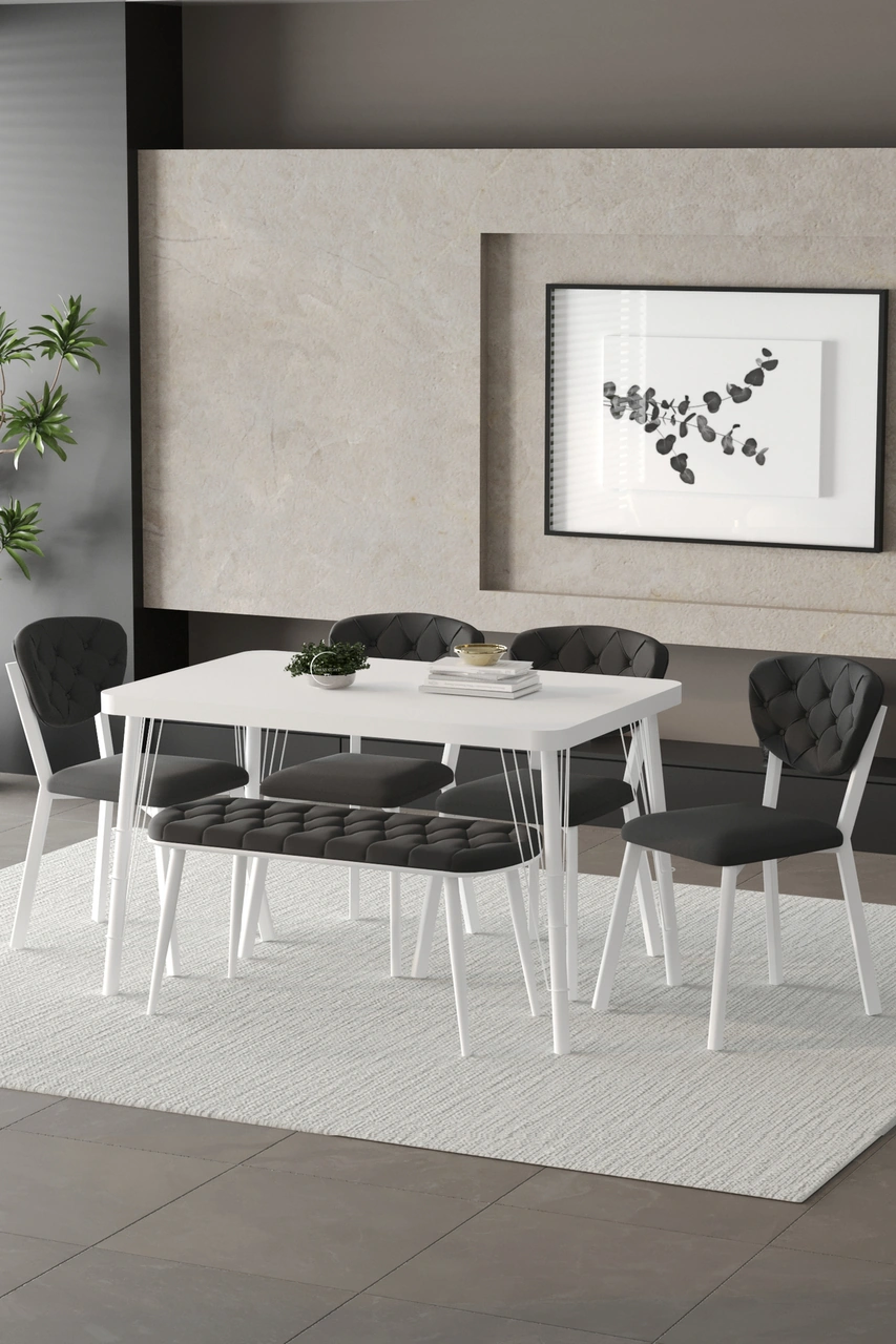 Mutfak Masası Takımı Elma Serisi Benchli Beyaz Antrasit