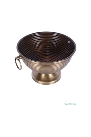 Yapay Çiçek Sitesi Metal Çizgili Küpeli Vazo 17 Cm Bronz