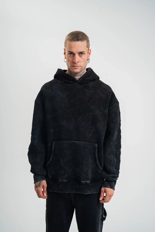 Luz&pos Erkek Uzun Kol Kapşonlu Yıkamalı Nakışlı Sweatshirt - Siyah Siyah