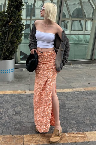 Seeh Turuncu Puantiyeli Yırtmaçlı Maxi Kadın Etek Sh255 Desenli