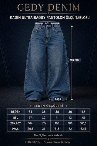 Cedy Denim Cedy Denım Kadın Ultra Baggy Salaş Kalıp Normal Bel Denim Pantolon Premium Geniş Paça Jean E7021 Açık Mavi