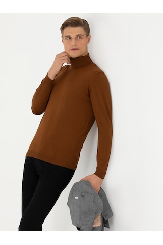 Cacharel Kahverengi Slim Fit Balıkçı Yaka Basic Triko Kazak