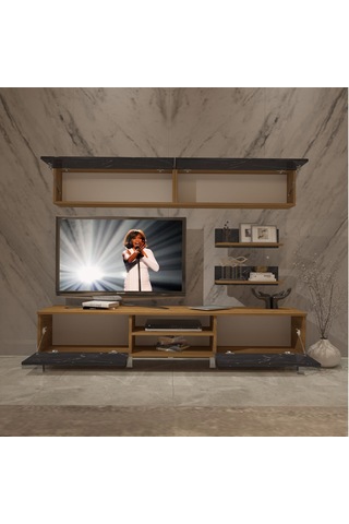 Decoraktiv Eko 5 Mdf Dvd Krom Ayaklı Tv Ünitesi Tv Sehpası Pera - Siyah Mermer
