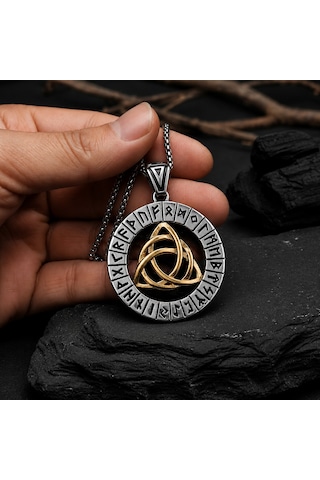 Paslanmaz Çelik Rün Sembolleri İskandinav Triquetra Mitolojik Viking Kolye Altın - Gümüş
