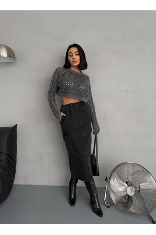 Zeo Basic Beli Lastikli Füme Maxi Denım Etek Siyah/Füme