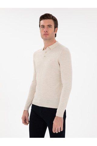 Cacharel Bej Slim Fit Yün Karışımlı Polo Yaka Basic Triko Kazak