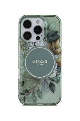 Apple Uyumlu iPhone 16 Pro Kılıf Guess Lisanslı Magsafe Özellikli Iml Baskılı Çiçek İnci Bileklikli Yeşil