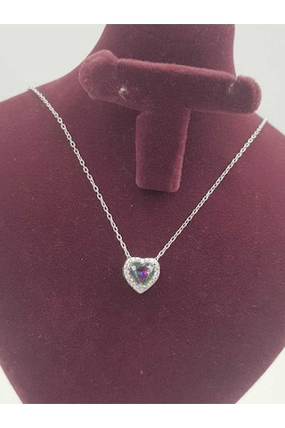 Vog Swarovski Taşlı S Model Mistik Topaz Kalp Taş Detay Gümüş Sevgiliye,arkadaşa Kolye