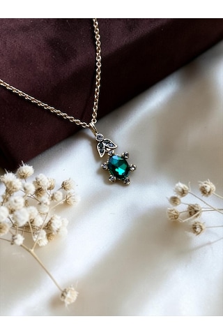 Oval Kristal Taşlı Kolye Yeşil