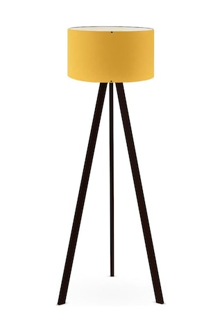 Pratik Tripod Ahşap Ayaklı Lambader Köşe Lambası Sarı Kumaş Salon Oturma Odası Sarı