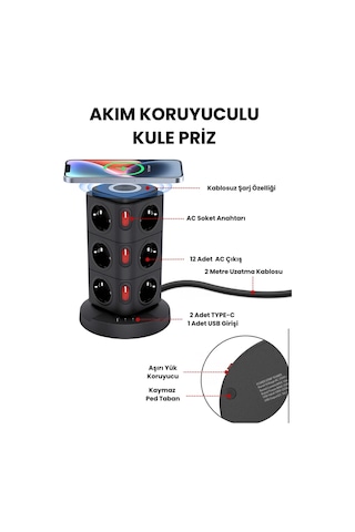 Yeni Akım Korumalı 2.4a Kule Priz Kablosuz Şarj Istasyonu 12x Soketli 2 Type-c 1x Usb Çıkışı 0.2 M