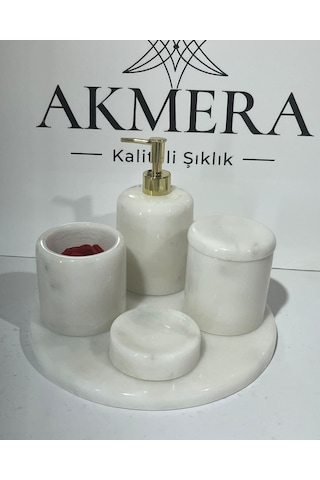 Akmera Elite 5 Parça %100 Gerçek Mermer Banyo Seti Beyaz - Gümüş