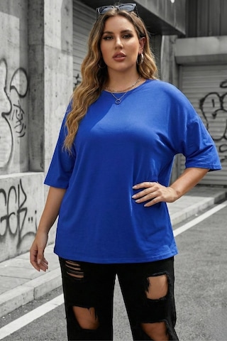 Mily Kadın Büyük Beden Battal Basic Bisiklet Yaka Pamuklu T-shirt Rahat Kesim Unisex Sevgili Kombini Sax Mavısı