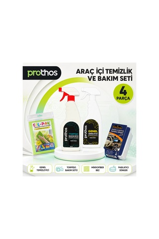 Araç İçi Temizlik Ve Bakım Seti 4 Parça Genel Temizleyici 500 Ml, Torpido Bakım Sütü, Mikrofiber Bez Ve Parlatıcı Sünger