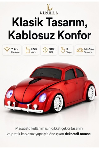 Klasik Kırmızı Beetle Vosvos Tasarımlı 2.4g Kablosuz Mouse Usb Alıcılı Kırmızı Araba Şeklinde Optik Mouse Çok Renkli Diğer