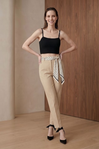 Hiccup My Fashıon Kemerli Yüksek Bel Düz Paça Krep Pantolon Bej Doğal