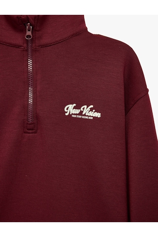 Koton Baskılı Viskon Karışımlı Uzun Kollu Fermuarlı Yaka Sweatshirt Bordo 7wkg10376ak