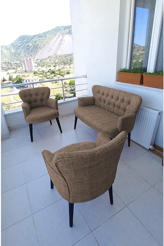 Azra Mobilya Çay Seti Koltuk Takımı - Keten Kumaş - Ahşap Ayak - Balkon Mobilyası- Kahverengi Kahverengi