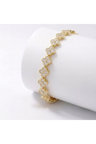 Premium Parlak Altın Renk 8 Mm Beyaz Zirkon Taşlı Çiçek Kadın Bijuteri Bileklik 3183kbv6d2 18cm