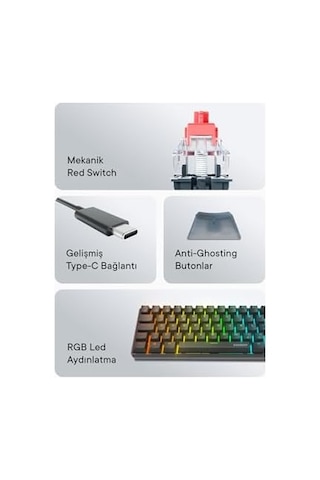 Amber Type-c Bağlantılı Rgb Ledli Mekanik Gaming Oyuncu Klavye Q Red Switch
