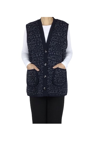 Kadın Önü Düğmeli Cepli Kalın Kışlık Kısa Yelek Lacivert