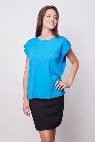 Jument Şık Likralı Span Kumaş Kolsuz Geniş Sıfır Yaka Düşük Omuzlu Basic Tshirt Bluz-mavi Mavi