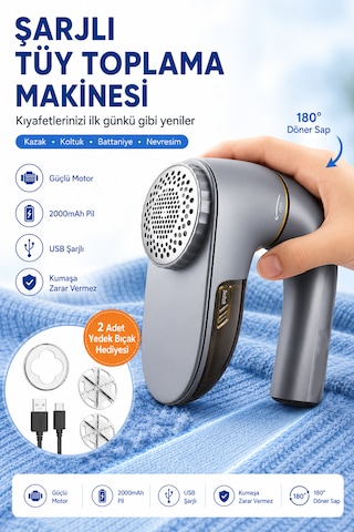 Şarjlı Tüy Toplama Makinesi 2000mah Usb-c Şarjlı 180 Derece Döner Saplı Kazak Koltuk Battaniye Nevresim Tiftik Temizleyici Gri