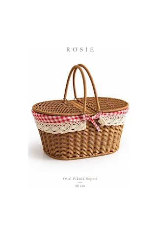 Rosıe Pötikare Desen Kumaş 2 Kapaklı Oval Piknik Sepeti 40 Cm Karışık