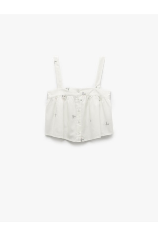 Koton Pamuklu-keten Karışımlı Askılı Çiçek İşlemeli Crop Pijama Üstü Pembe Desenli 5slk90011mw Pembe Desenli