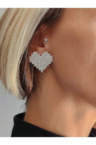 Kalp Model Kristal Taşlı Küpe Silver