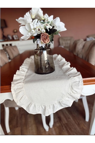 Natürel Ham Keten Fırfırlı Oval Runner 40x90 Cm Bej