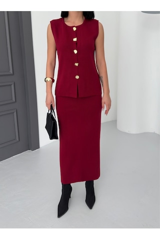 Kadın Düğme Detaylı Yelek Uzun Etek Alt Üst Triko Takım Bordo
