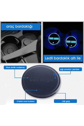 Toyota Uyumlu Ledli Bardaklık Altı Usb Şarjlı 2 Adet