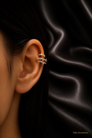 Gold Sıralı Taşlı Çelik Kıkırdak Küpe Earcuff Altın