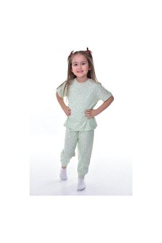 Kız Çocuk Yazlık Pamuklu Pijama Takımı Çiçek Desenli, Kısa Kollu, Konforlu Su Yesılı