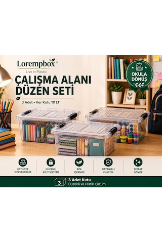 Lorempbox Çalışma Alanı Düzen Seti 3 Lü 10 Lt Şeffaf Saklama Kutusu