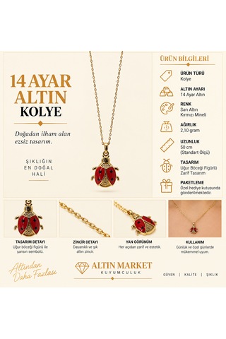 14 Taşlı Ve Kırmızı Mineli Uğur Böceği Altın Kolye