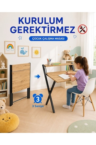 Dobo Çocuk Öğrenci Ders Masası Katlanır Çalışma Masası Siyah - Çam