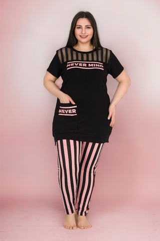 Pembe - Siyah Renk, Çizgi Desenli Lady 10756 Kadın Kısa Kol Büyük Beden Pijama Takımı Siyah - Pembe