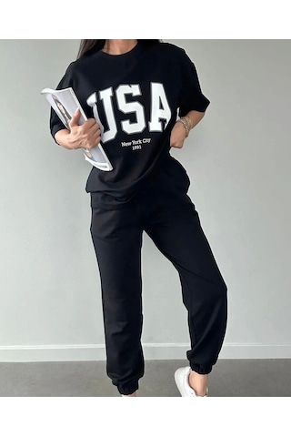 Usa T-shirt Eşofman Altı Jogger- Siyah Baskılı Alt Üst Eşofman Takım Oversize Bisiklet Yaka Siyah