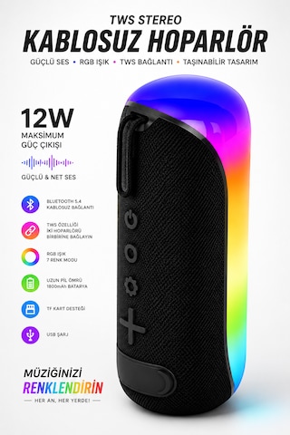 Blc Tws Stereo Kablosuz Bluetooth Hoparlör Rgb Işıklı 12w Güçlü Ses 1800mah Taşınabilir Tf Kart Destekli Usb Şarjlı