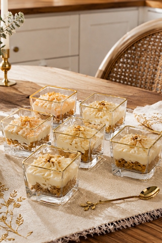 Porsima 13878-1 Vanes Prizma Gold Yaldızlı 6'lı Cam Kare Kase Seti 250 Ml Tatlı, Puding, Magnolia Ve Çerez Sunum Kasesi