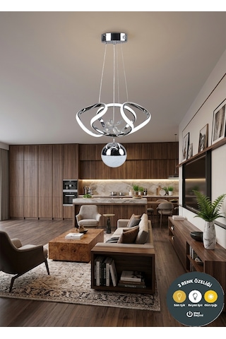 Dron Model 3 Renkli Modern Krom Led Sarkıt Avize - Alt Küre Aydınlatmalı Salon Mutfak Avizesi
