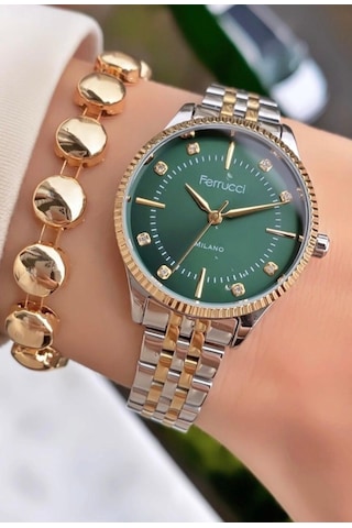 Ferrucci Fc59875 Retro Model Sade Şık Çelik Kordon Ve Kasa Kadın Kol Saati+bileklik Hediye Altın - Gümüş