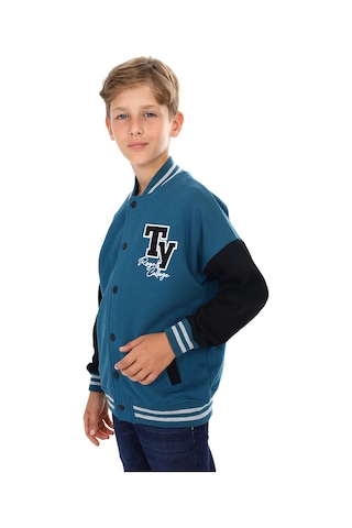 Toontoy Kids Toontoy Erkek Çocuk Kolej Yaka Çıtçıt Kapama Düşük Omuz Cepli Baskılı Renk Bloklu Örme Hırka - Tk24184 Petrol Mavi